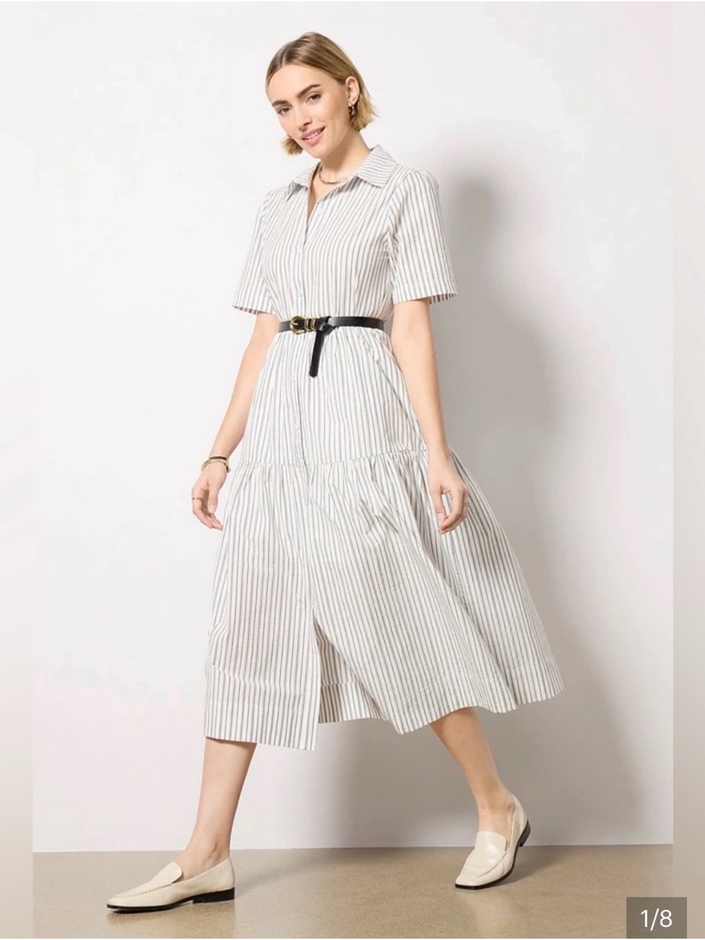 Evereve Poplin Striped Shirt Midi Dress in White and Gray Tiered 100% Cotton SML